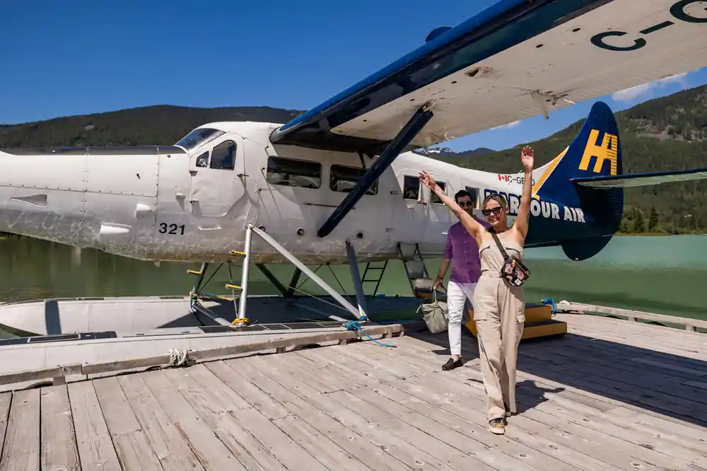 The floatplane moored at the wooden dock