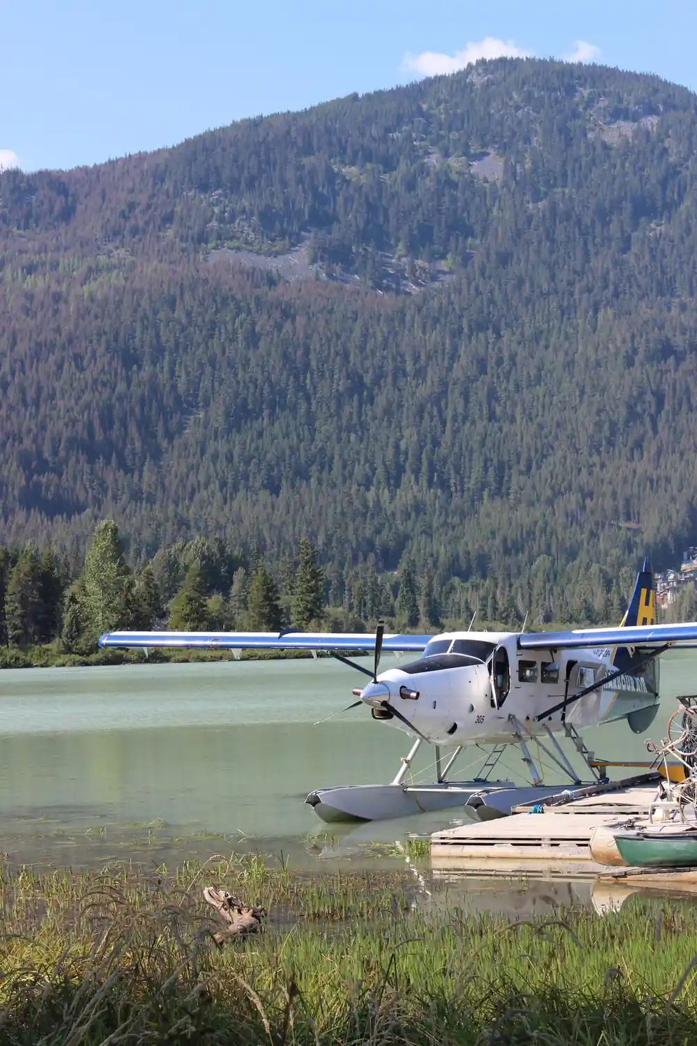 The floatplane on the water beside the wooden dock