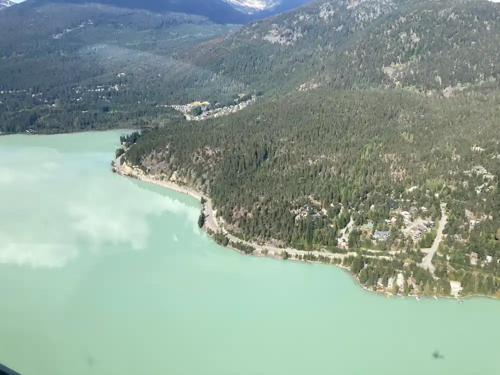 A lake and the settlement on its shore from above