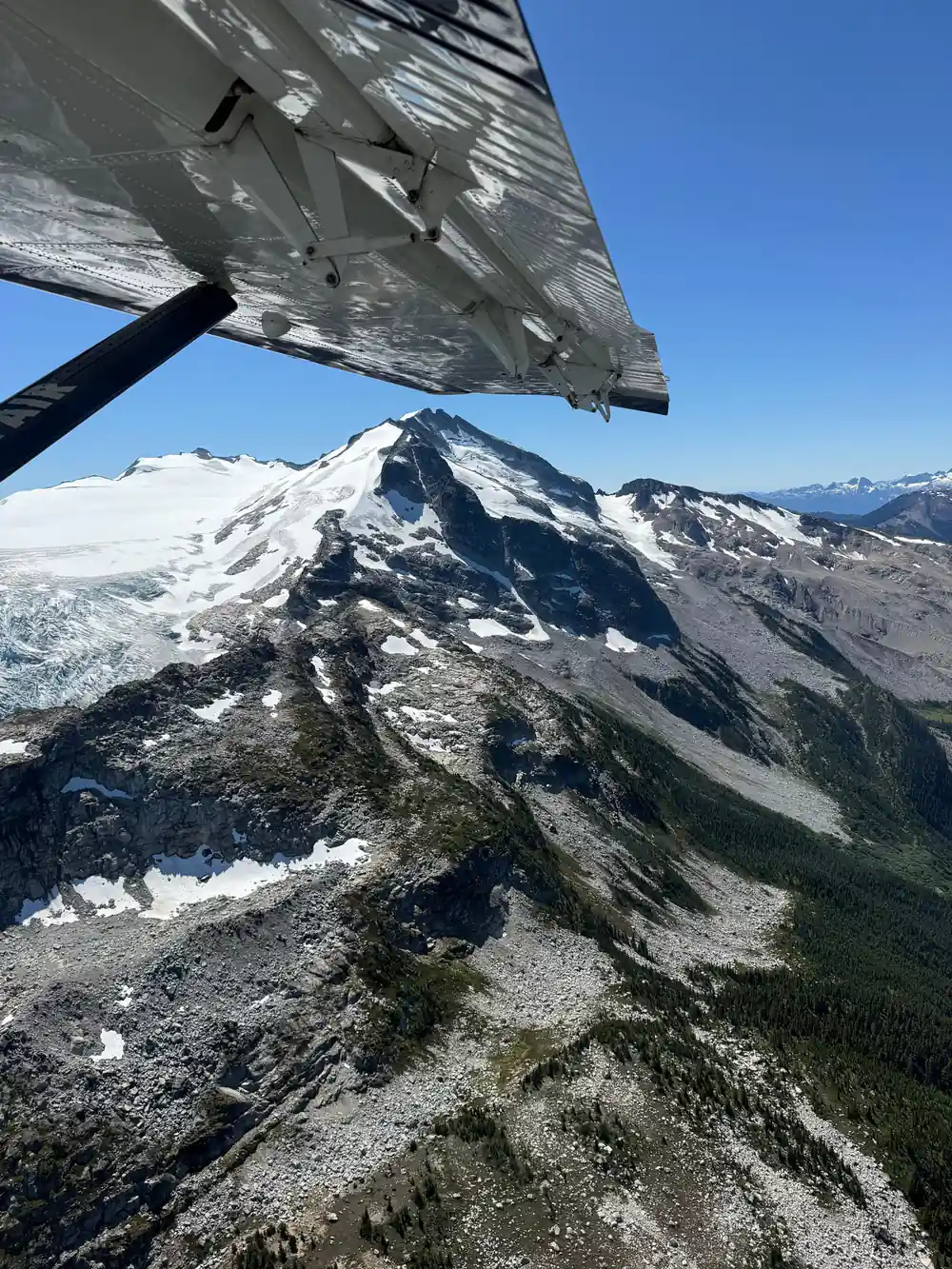 A snow-capped peak framed by the wing strut
