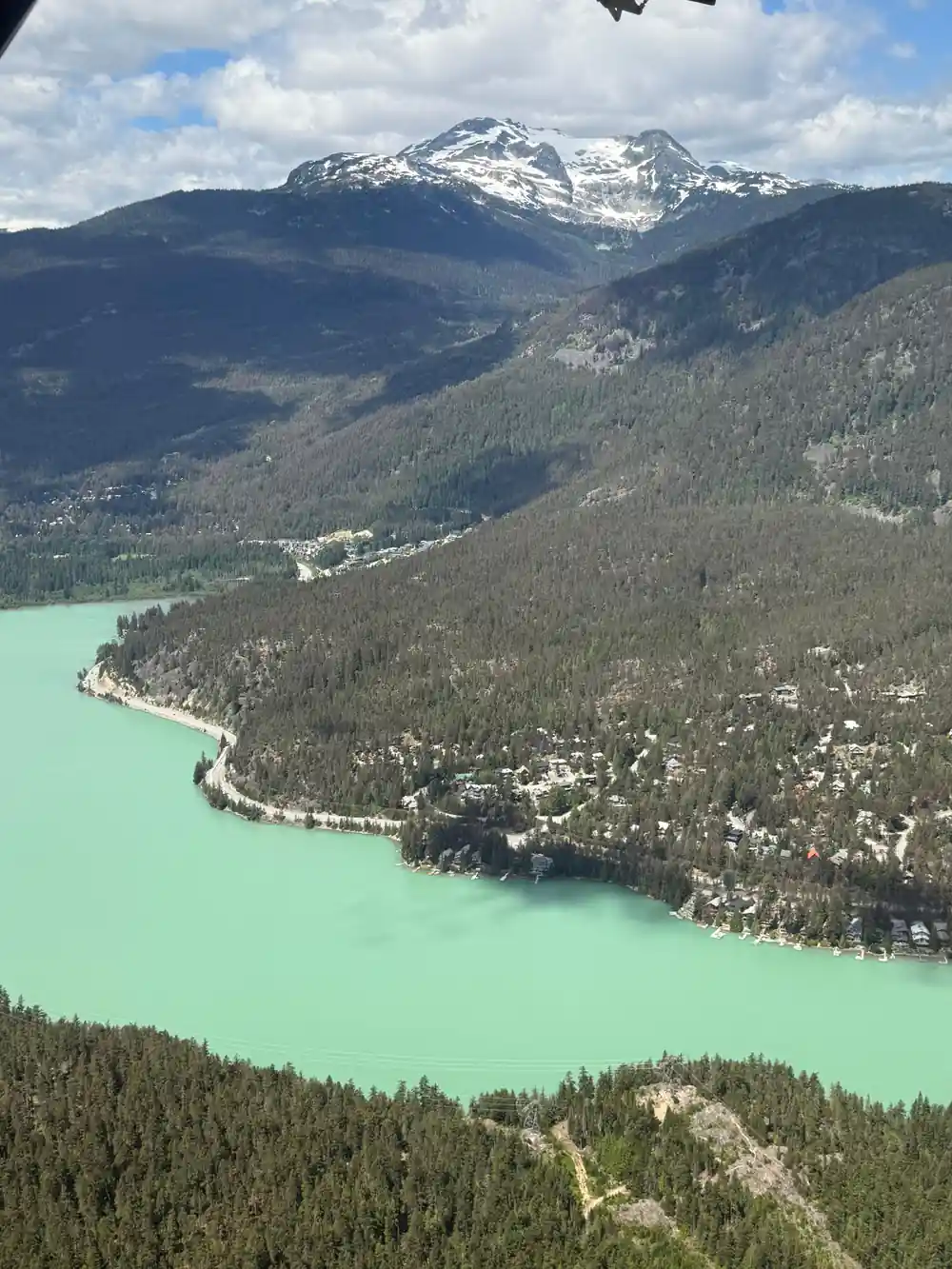 Turquoise shallows along a forested lake shore